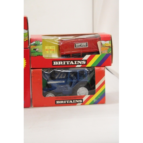 488 - FOUR BRITAINS 1:32 SCALE MODELS TO INCLUDE A FORD 7000 TRACTOR, A FORD TW20 TRACTOR, A MASSEY FERGUS... 