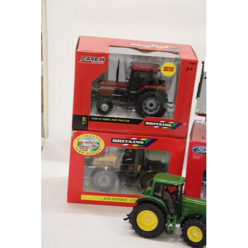 489 - FIVE BRITAINS 1:32 SCALE MODELS TO INCLUDE A CASE IH 1056XL 2WD TRACTOR, A FORD TW30 TRACTOR, A JCB ... 