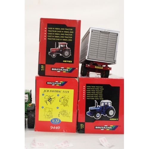 489 - FIVE BRITAINS 1:32 SCALE MODELS TO INCLUDE A CASE IH 1056XL 2WD TRACTOR, A FORD TW30 TRACTOR, A JCB ... 