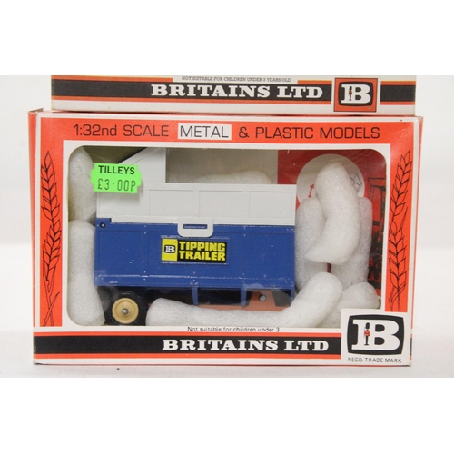 492 - EIGHT BRITAINS 1:32 SCALE MODELS TO INCLUDE A MANURE SPREADER, FLAT BED TRUCK, TIPPER TRAILER, TWO T... 