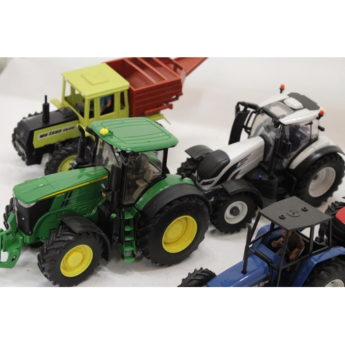 496 - FIVE BRITAINS 1:32 SCALE MODELS TO INCLUDE JOHN DEERE 7310R, CASE TRACTOR, A MERCEDES TRACTOR, A VAL... 