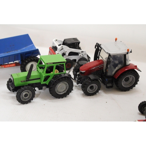 497 - SIX BRITAINS MODELS TO INCLUDE A DEUTZ TRACTOR, A MASSEY FERGUSON 362 TRACTOR, A MASSEY FERGUSON 561... 