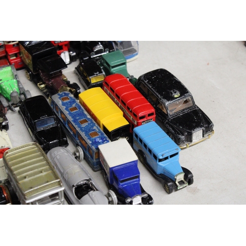 259 - A COLLECTION OF DIE-CAST MODEL VEHICLES TO INCLUDE BUSES, TAXIS, VINTAGE STYLE VANS AND CARS - IN PL... 