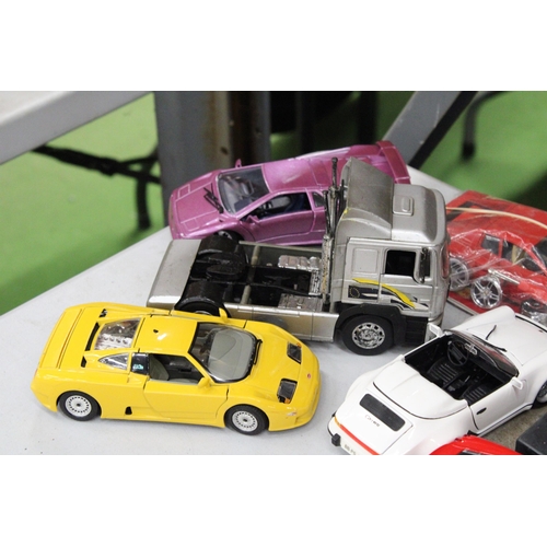 265 - SEVEN DIE-CAST 1/24 SCALE SUPER CAR MODELS PLUS ONE TRUCK TO INCLUDE FERRARI, LAMBORGHINI, PORSCHE, ... 