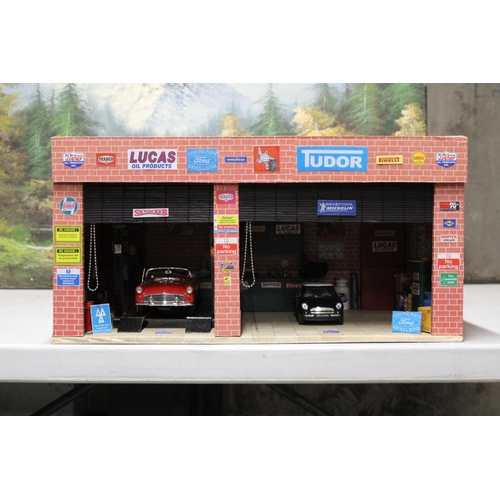 268 - A MODEL GARAGE, MADE INTO A MAN CAVE, PLUS A DANBURY, MINT 1966 THUNDERBIRD AND A MINI CAR