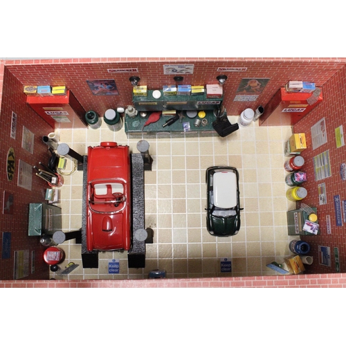 268 - A MODEL GARAGE, MADE INTO A MAN CAVE, PLUS A DANBURY, MINT 1966 THUNDERBIRD AND A MINI CAR