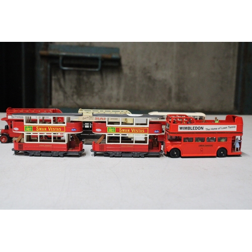 296 - NINE DIE-CAST BUSES AND TRAMS TO INCLUDE DINKY AND MATCHBOX