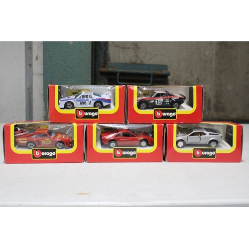 298 - FIVE BURAGO DIE-CAST CARS TO INCLUDE FERRARI, BMW, LANCIA, ETC - ALL AS NEW IN BOXES