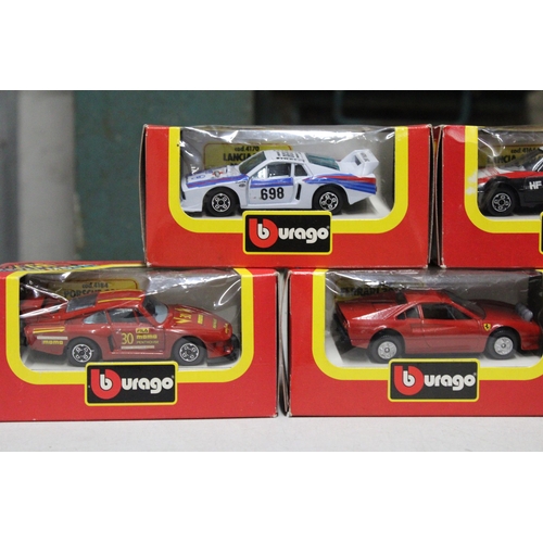 298 - FIVE BURAGO DIE-CAST CARS TO INCLUDE FERRARI, BMW, LANCIA, ETC - ALL AS NEW IN BOXES