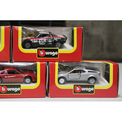 298 - FIVE BURAGO DIE-CAST CARS TO INCLUDE FERRARI, BMW, LANCIA, ETC - ALL AS NEW IN BOXES