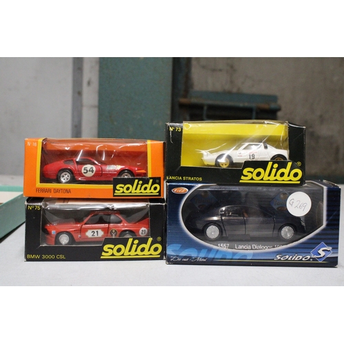 299 - FOUR DIE-CAST SOLIDO CARS TO INCLUDE FERRARI AND LANCIA - ALL AS NEW IN BOXES