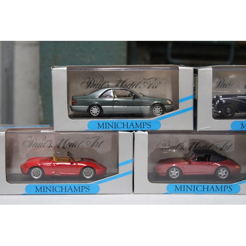 300 - FIVE MINICHAMPS DIE-CAST CARS TO INCLUDE MERCEDES BENZ, PORSCHE, ETC - ALL AS NEW IN BOXES