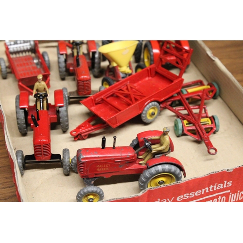 376 - A COLLECTION OF VINTAGE DINKY TOYS TO INCLUDE FOUR MASSEY-HARRIS TRACTORS, A MASSEY FERGUSON 165 TRA... 