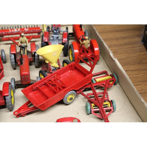 376 - A COLLECTION OF VINTAGE DINKY TOYS TO INCLUDE FOUR MASSEY-HARRIS TRACTORS, A MASSEY FERGUSON 165 TRA... 