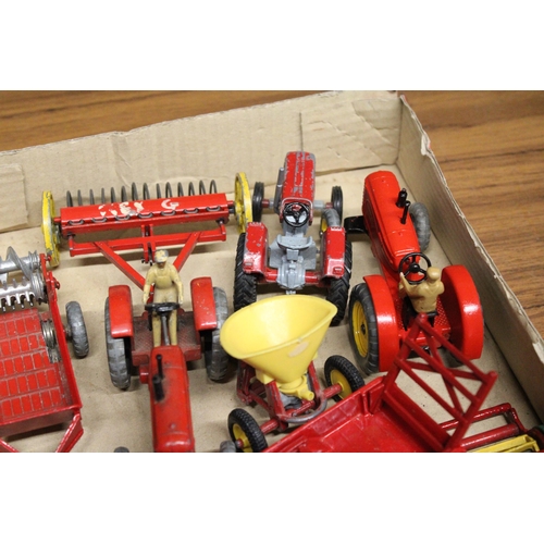 376 - A COLLECTION OF VINTAGE DINKY TOYS TO INCLUDE FOUR MASSEY-HARRIS TRACTORS, A MASSEY FERGUSON 165 TRA... 