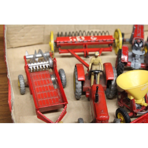 376 - A COLLECTION OF VINTAGE DINKY TOYS TO INCLUDE FOUR MASSEY-HARRIS TRACTORS, A MASSEY FERGUSON 165 TRA... 