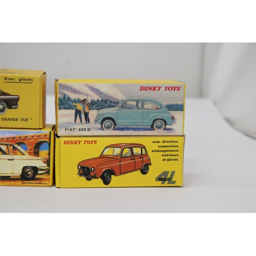 379 - FIVE ATLAS DINKY MODELS TO INCLUDE, 518 RENAULT 4L, 524 COACH PANHARD 24C, 531 FIAT 1200 'GRANDE VUE... 