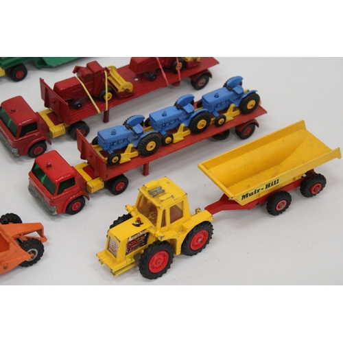 382 - THREE FORD LOW LOADERS WITH THREE TRACTORS ON BOARD, TWO COMBINE HARVESTERS, A CASE DOZER, A MUIR-HI... 