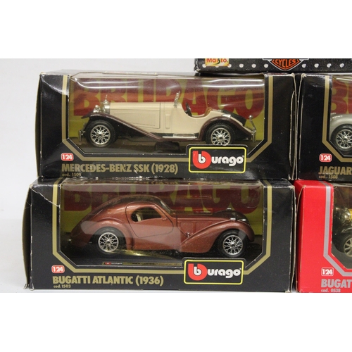 392 - FOUR AS NEW BOXED BURAGO CARS TO INCLUDE, A JAGUAR XK 120 COUPE, A BUGATTI 'TYPE 55', A BUGATTI ATLA... 