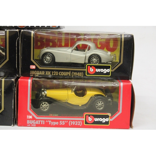 392 - FOUR AS NEW BOXED BURAGO CARS TO INCLUDE, A JAGUAR XK 120 COUPE, A BUGATTI 'TYPE 55', A BUGATTI ATLA... 