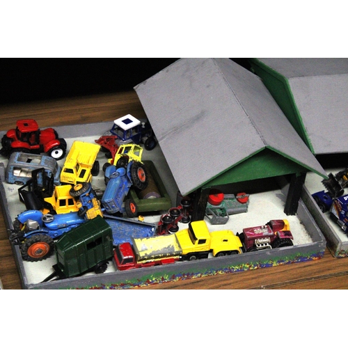 395 - A QUANTITY OF DIE-CAST FARM VEHICLES, TRACTORS, ETC PLUS TWO BUILDINGS