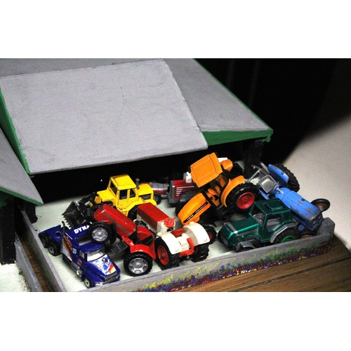 395 - A QUANTITY OF DIE-CAST FARM VEHICLES, TRACTORS, ETC PLUS TWO BUILDINGS