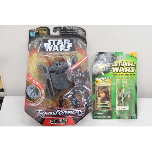 397 - FOUR STAR WARS ITEMS TO INCLUDE A DARTH VADER TRANSFORMER, AN ANAKIN SKYWALKER FIGURE, FOUR MINI GLA... 