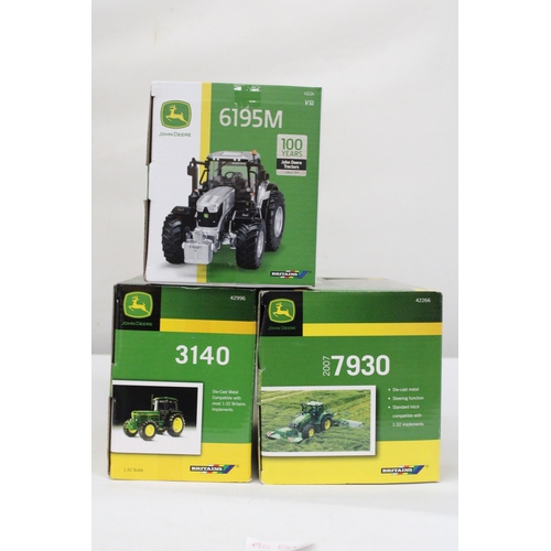 545 - THREE BRITAINS 1:32 SCALE JOHN DEERE TRACTORS TO INCLUDE MODELS 3140, 6195M AND 7930 - ALL AS NEW IN... 