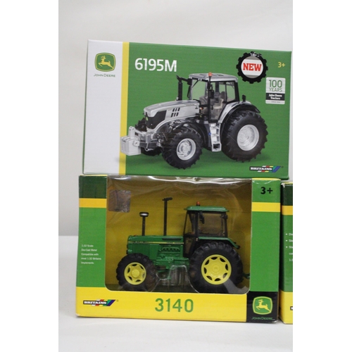 545 - THREE BRITAINS 1:32 SCALE JOHN DEERE TRACTORS TO INCLUDE MODELS 3140, 6195M AND 7930 - ALL AS NEW IN... 