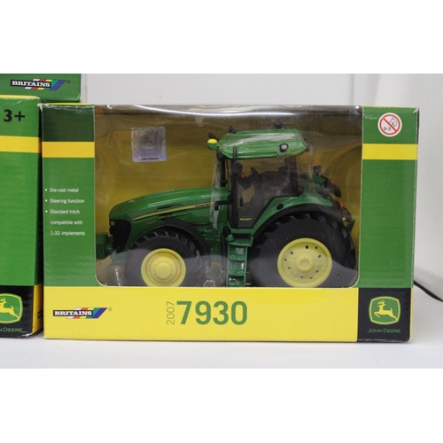 545 - THREE BRITAINS 1:32 SCALE JOHN DEERE TRACTORS TO INCLUDE MODELS 3140, 6195M AND 7930 - ALL AS NEW IN... 