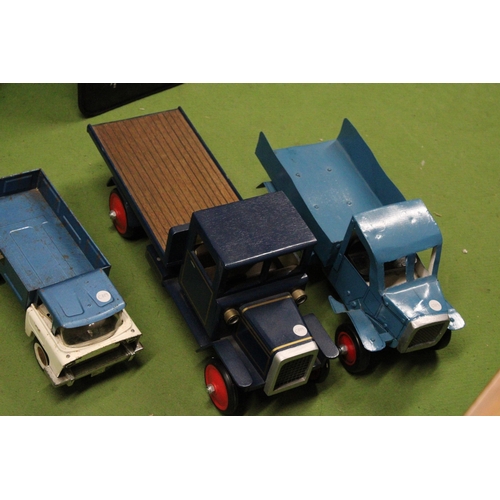 560 - THREE LARGE MODEL TRUCKS TO INCLUDE ONE WOODEN AND TWO METAL - TWO SCRATCH BUILT