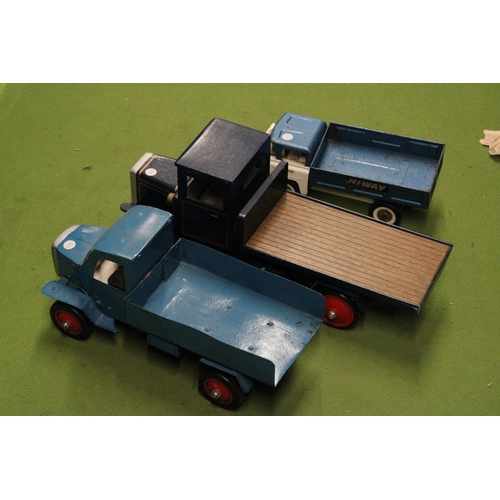 560 - THREE LARGE MODEL TRUCKS TO INCLUDE ONE WOODEN AND TWO METAL - TWO SCRATCH BUILT