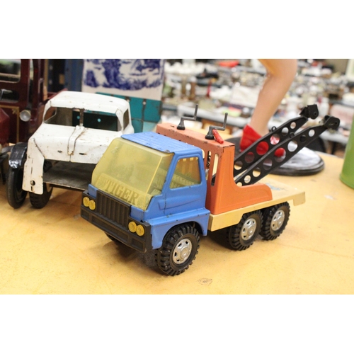 564 - THREE LARGE VINTAGE TRUCKS, TWO METAL AND ONE WOODEN, ONE SCRATCH BUILT