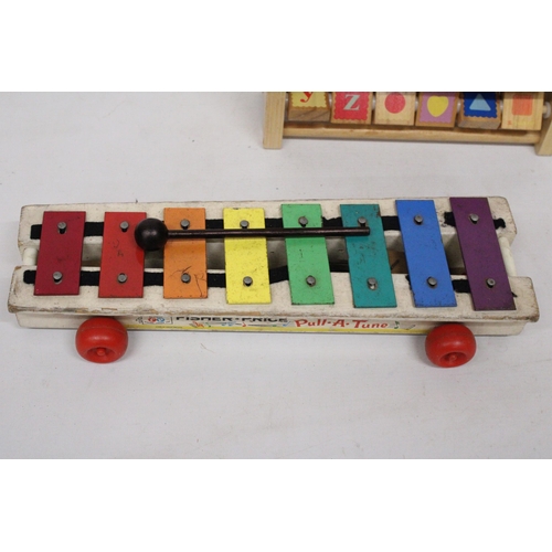 584 - AN ABACUS WITH LETTER BLOCKS, WOODEN JIGSAW AND VINTAGE FISHER PRICE XYLOPHONE