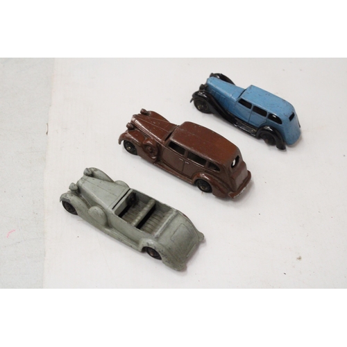 588 - SIX VINTAGE DINKY TOYS TO INCLUDE A 23C MERCEDES BENZ RACING CAR, A SINGLE DECK HALF CAB BUS, A LAGO... 