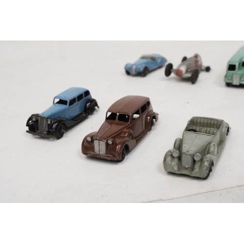 588 - SIX VINTAGE DINKY TOYS TO INCLUDE A 23C MERCEDES BENZ RACING CAR, A SINGLE DECK HALF CAB BUS, A LAGO... 