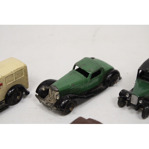 589 - FOUR VINTAGE DINKY MODELS TO INCLUDE A POST WAR BENTLEY, A PRE-WAR TAXI, A POST WAR HUMBER VOGUE AND... 