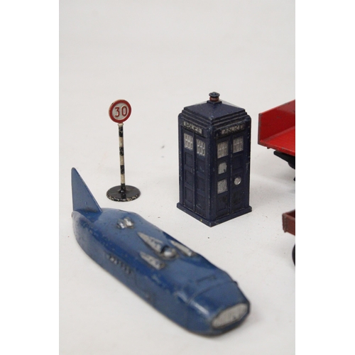 590 - SIX VINTAGE DINKY CARS, ETC TO INCLUDE A  FODEN FLAT TRUCK WITH TAILBOARD, A DR WHO TARDIS, A THUNDE... 