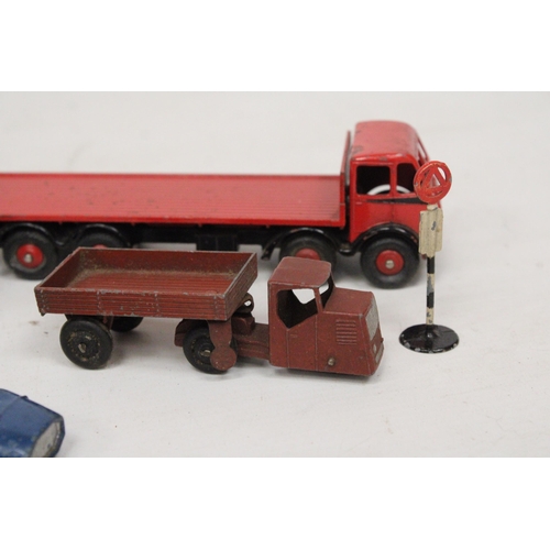 590 - SIX VINTAGE DINKY CARS, ETC TO INCLUDE A  FODEN FLAT TRUCK WITH TAILBOARD, A DR WHO TARDIS, A THUNDE... 