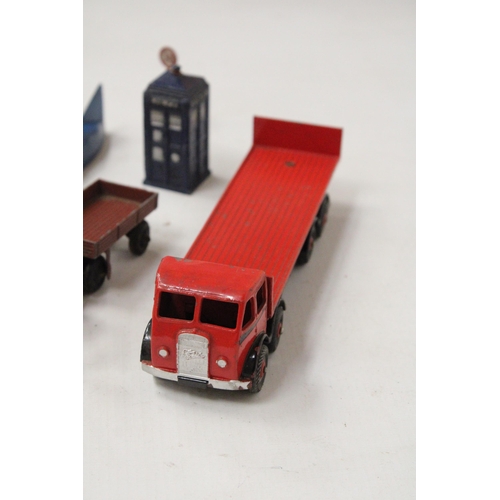 590 - SIX VINTAGE DINKY CARS, ETC TO INCLUDE A  FODEN FLAT TRUCK WITH TAILBOARD, A DR WHO TARDIS, A THUNDE... 