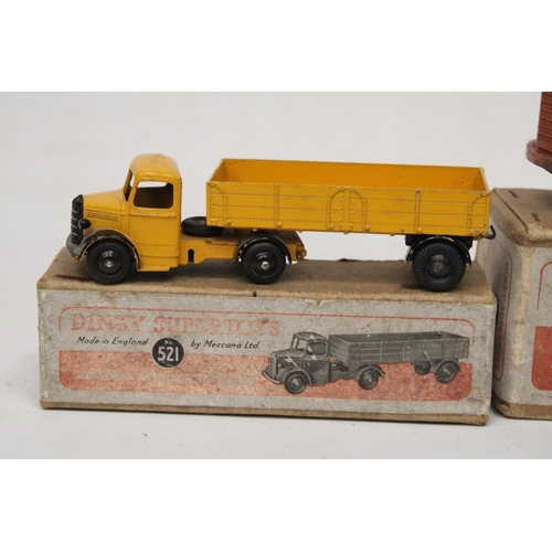 591 - THREE VINTAGE DINKY TOYS TO INCLUDE A (563) HEAVY TRACTOR, A (521) BEDFORD ARTICULATED LORRY AND A (... 