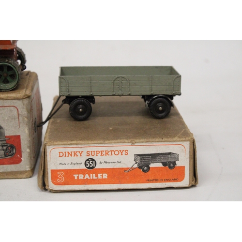 591 - THREE VINTAGE DINKY TOYS TO INCLUDE A (563) HEAVY TRACTOR, A (521) BEDFORD ARTICULATED LORRY AND A (... 