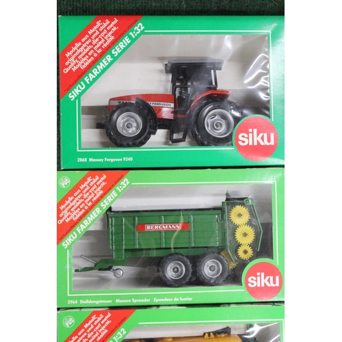 205 - FOUR SIKU 1:32 SCALE FARM MODELS TO INCLUDE A MASSEY FERGUSON 9240 TRACTOR, A BERGMANN MANURE SPREAD... 