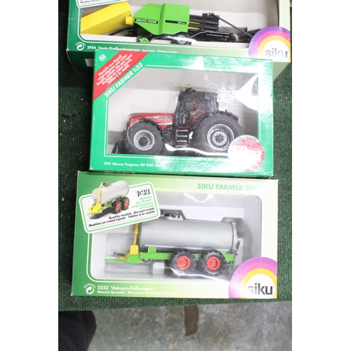 208 - FOUR SIKU 1:32 SCALE FARM MODELS TO INCLUDE A MASSEY FERGUSON MF 8280 XTRA TRACTOR, A DEUTZ BALER, A... 