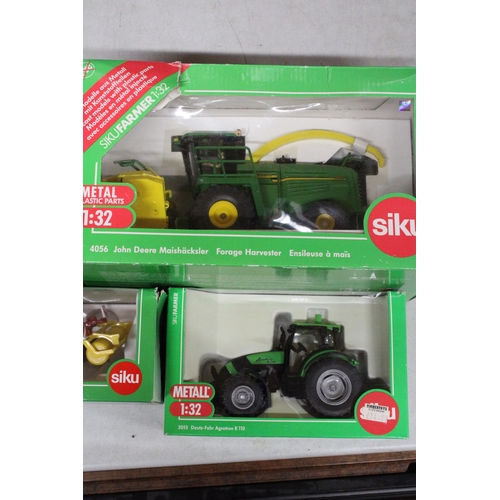 212 - FIVE SIKU 1:32 SCALE FARM MODELS TO INCLUDE A JOHN DEERE FORAGE HARVESTER, A DEUTX-FAHR AGROTRON K 1... 