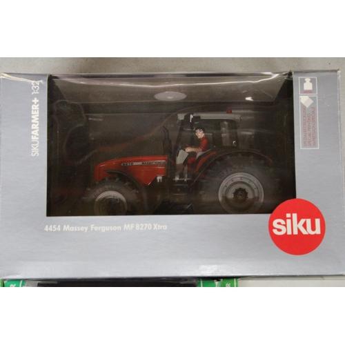 214 - FIVE SIKU 1:32 SCALE FARM MODELS TO INCLUDE A MASSEY FERGUSON MF 8270 XTRA, A PLANTING MACHINE, A WO... 