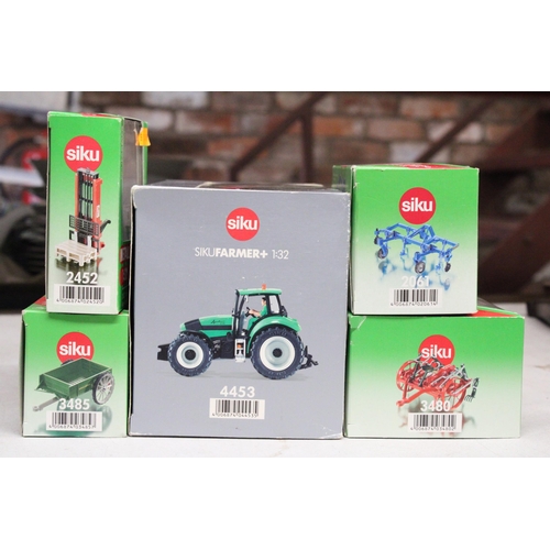 215 - FIVE SIKU 1:32 SCALE FARM MODELS TO INCLUDE A DEUTZ AGROTRON 235 TRACTOR, A MECHANICAL HAY FORK, A F... 