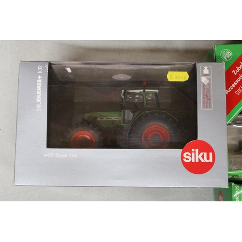 216 - FIVE SIKU 1:32 SCALE FARM MODELS TO INCLUDE A FENDT 926 TRACTOR, LOGS, A ONE-AXLED TRAILER, A DUMP R... 