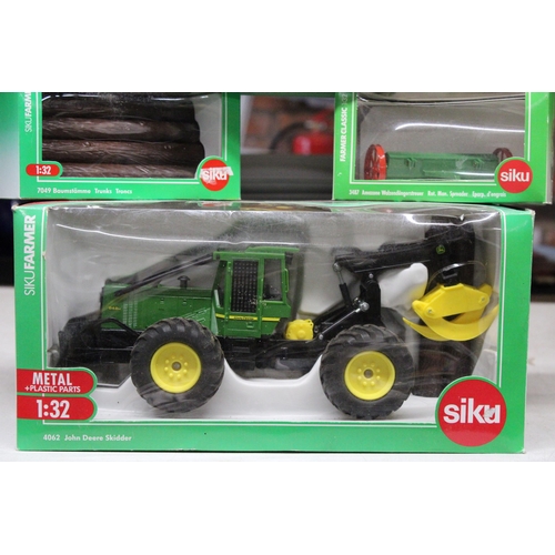 217 - FOUR SIKU 1:32 SCALE FARM MODELS TO INCLUDE A JOHN DEERE SKIDDER TRACTOR, A VINTAGE PLOUGH, LOGS AND... 