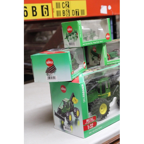 217 - FOUR SIKU 1:32 SCALE FARM MODELS TO INCLUDE A JOHN DEERE SKIDDER TRACTOR, A VINTAGE PLOUGH, LOGS AND... 